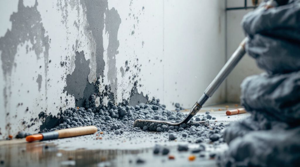 Certified mold remediation technician in full PPE inspecting a damp wall with visible mold in a College Station residential basement, focusing on containment.