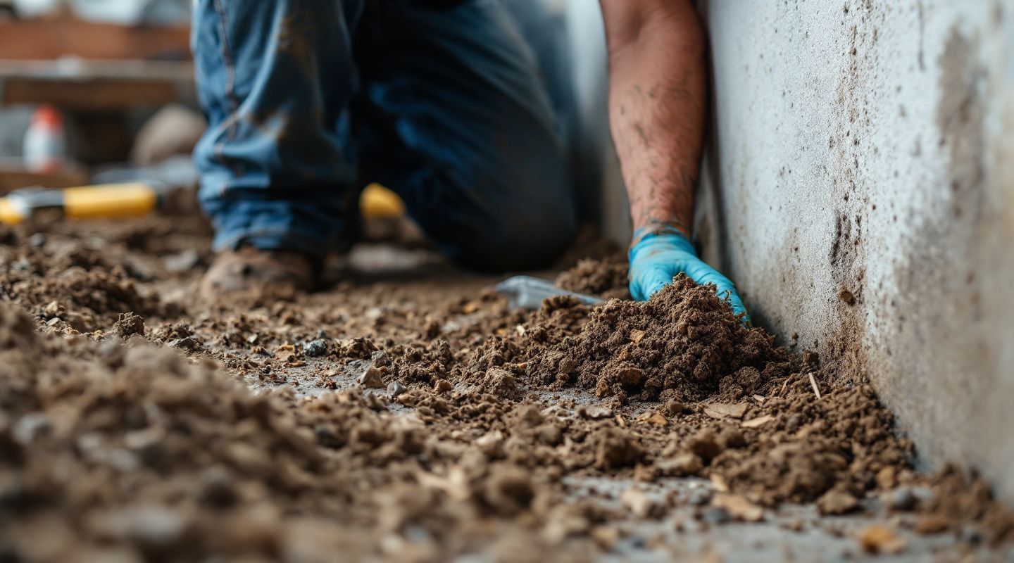 Certified mold remediation technician inspecting a dark crawl space with a flashlight