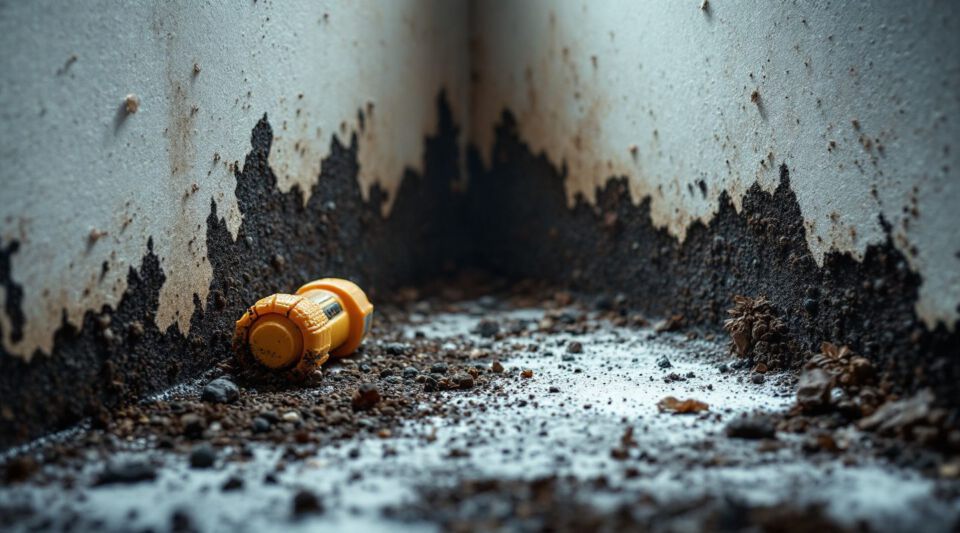 Professional mold remediation technician inspecting black mold growth on a wall with a flashlight.