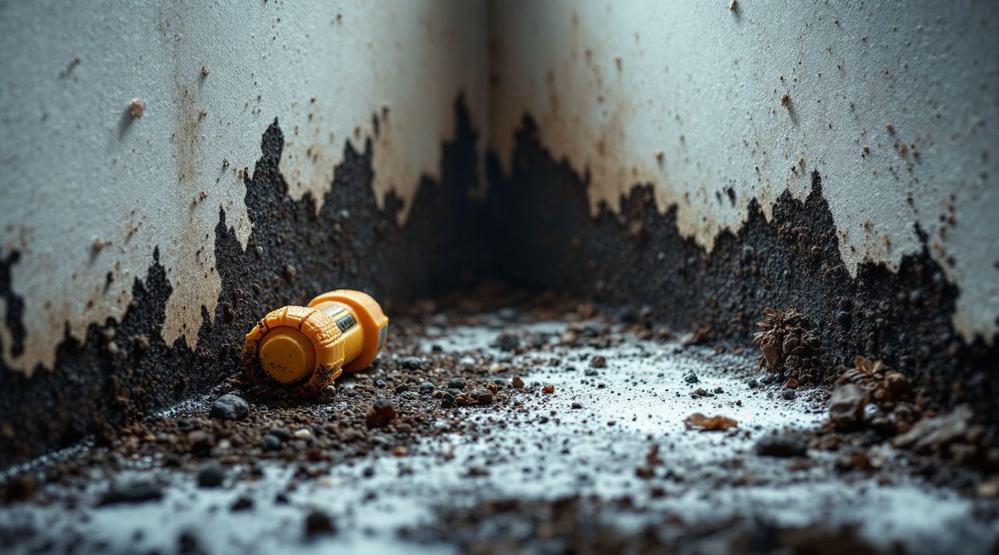 Professional mold remediation technician inspecting black mold growth on a wall with a flashlight.
