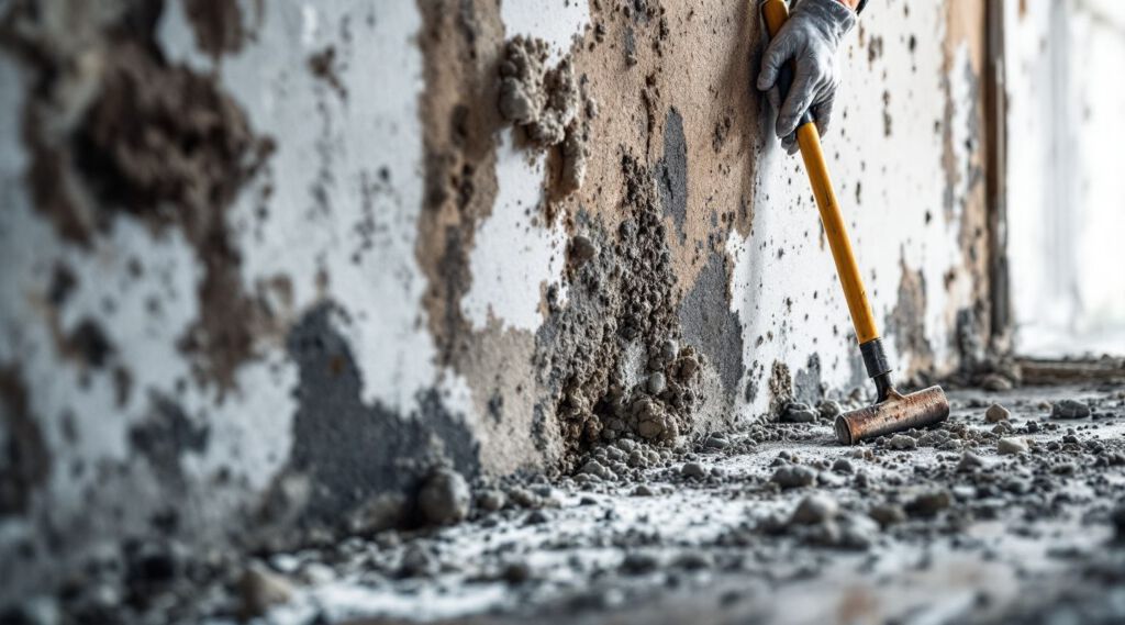 Professional mold remediation technician inspecting a wall with visible mold growth