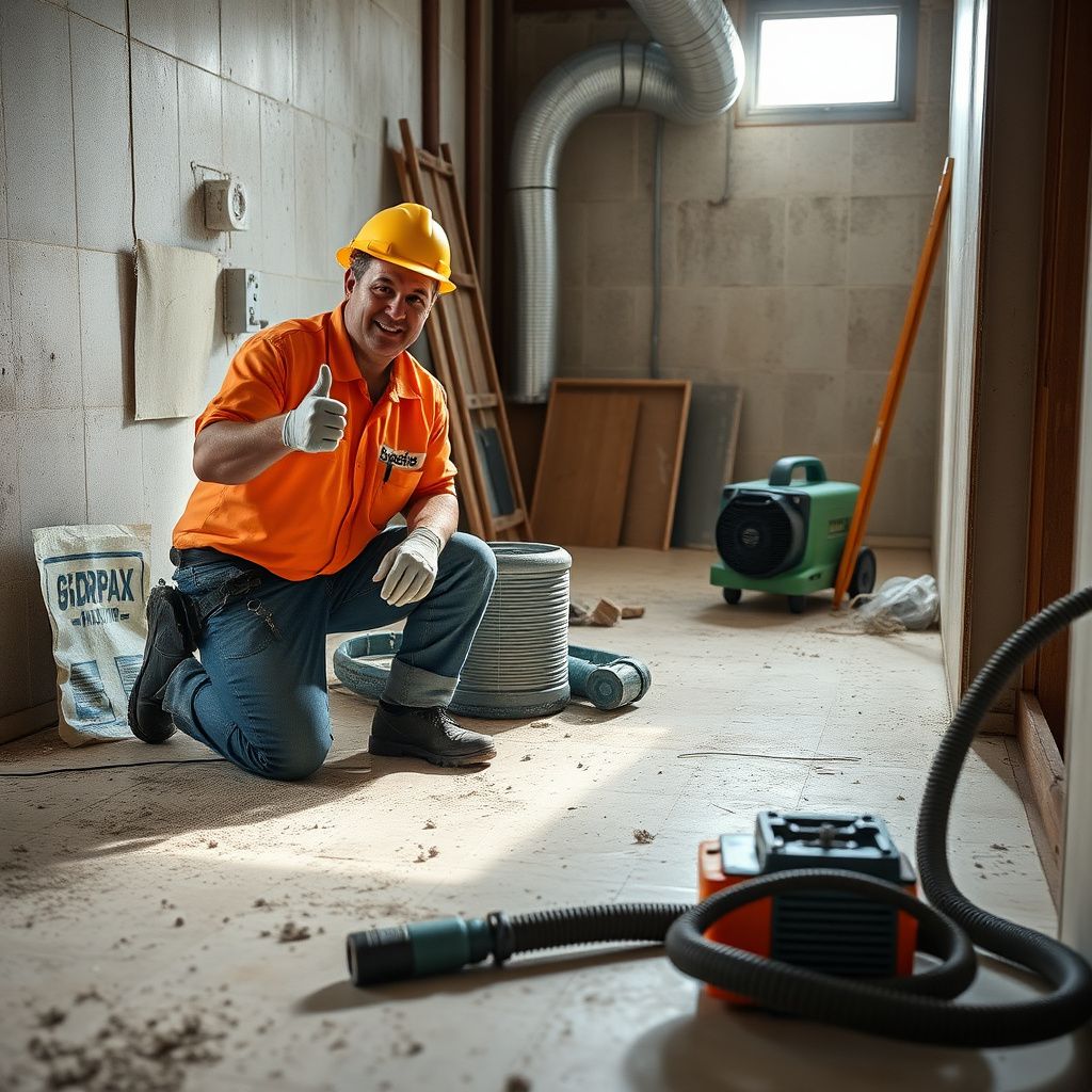 A certified mold remediation technician in Bryan, Texas, carefully inspecting a subfloor for moisture.